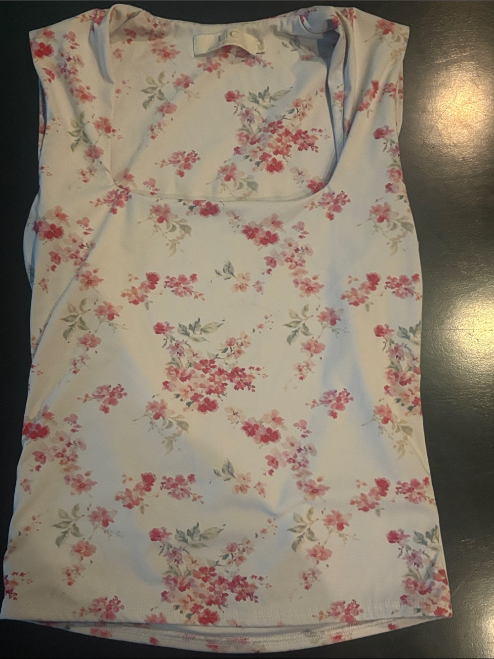 White Floral Scoop Neck Tank Top with Pink Blossoms